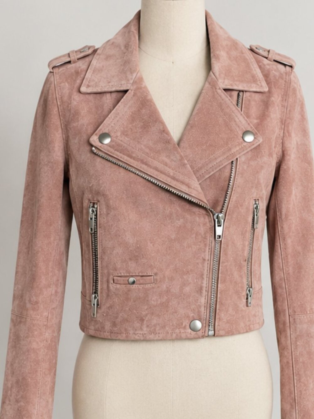 SL8 Vintage Dusty Rose Pink Genuine Suede Leather Moto Biker Jacket S